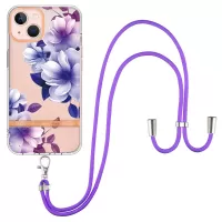 YB IMD Series TPU Phone Case for iPhone 13 6.1 inch, Adjustable Shoulder Strap Electroplated Flower Patterns IML Phone Cover - HC004 Purple Begonia