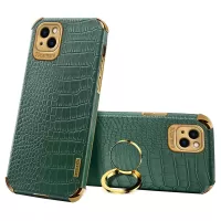 For iPhone 13 6.1 inch 6D Electroplated Stylish Crocodile Texture Leather Coated TPU Shockproof Phone Case with Finger Ring Holder - Green