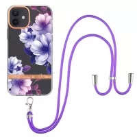 For iPhone 12/12 Pro 6.1 inch YB IMD-9 Series Flower Pattern IMD Electroplating Case Soft TPU Stylish Phone Shell Cover with Lanyard - HC004 Purple Begonia