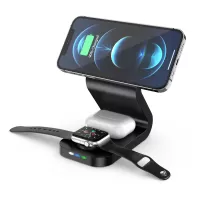 B16 15W 3-in-1 Qi Magnetic Wireless Charger Desktop Fast Charging Stand Dock for iPhone 12 Series/iWatch/AirPods Pro - Black