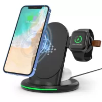W-02 3 in 1 15W Wireless Charger for iPhone 13/12 Series/AirPods Pro Portable Charging Dock for Apple Watch - Black