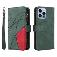 KT Multi-function Series-5 For iPhone 13 Pro Max 6.7 inch Lightweight Cell Phone Cover Imprinted Curved Line Pattern Bi-color PU Leather Wallet Design Phone Case - Green