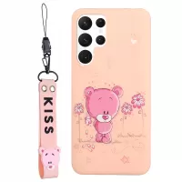 Flexible TPU Phone Cover for Samsung Galaxy S22 Ultra 5G, Pattern Printing Design Phone Case Accessory with Silicone Short Lanyard - Light Pink