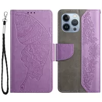 Imprinting Butterfly Flower Case for iPhone 13 Pro Max 6.7 inch, PU Leather Wallet Stand Phone Cover - Purple