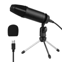 USB Condenser Microphone Set with Foldable Mic Tripod USB Power Cord Foam Wind Muff