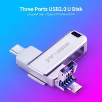 yvonne Y40D USB3.0 High Speed Rotating 128GB USB Type-C Micro USB Three Ports OTG Flash Drive for Mobile Phone/PC/Laptop Silver