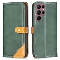 BINFEN COLOR BF Leather Series-8 12 Style PU Leather Phone Shell for Samsung Galaxy S22 Ultra 5G, Adjustable Stand Design Anti-Fingerprint Splicing Matte Leather Case with Card Slots - Green