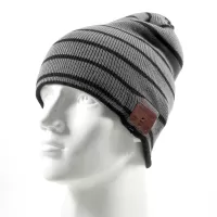 Black and Grey Stripes Knitted Winter Hat Built-in Wireless Bluetooth Headphone & Microphone