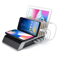 YD09 Multiple Charger Dock Organizer Stand 4 USB Ports Desktop Charging Station QI Wireless Charging Pad