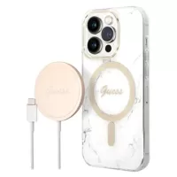 Guess Marble Edition Bundle Pack iPhone 14 Pro Max Case & Wireless Charger - White