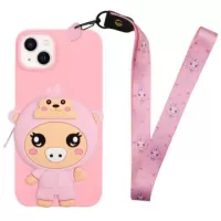 Cartoon Design iPhone 14 TPU Case with Zipper Pocket - Pig