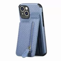 iPhone 14 Plus Case with Zipper Pocket & Stand - Carbon Fiber - Blue