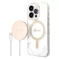 Guess Marble Edition Bundle Pack iPhone 14 Pro Case & Wireless Charger - White