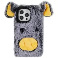 Fluffy Plush iPhone 14 Pro Hybrid Case - Grey Pig
