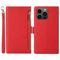 iPhone 14 Pro Wallet Case with Strap & Zipper - Red