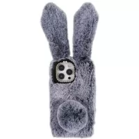 Furry Winter Bunny Ears iPhone 14 Pro Max Case with Glitter - Dark Grey