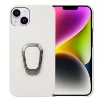 For iPhone 14 Plus Plus Genuine Leather Coated PC Protective Phone Cover Ring Holder Kickstand Design Litchi Texture Non-Slip Shockproof Case