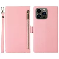 iPhone 14 Pro Wallet Case with Strap & Zipper - Pink