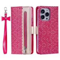 Lace Pattern iPhone 14 Pro Wallet Case - Hot Pink