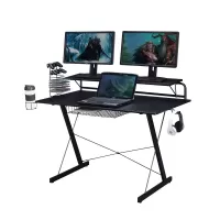 Techni 23.5\ Computer Desk with Headphone Holder, Media Storage Rack, MDF Tabletop and Metal Frame, for Game Room, Small Space, Study Room - Black