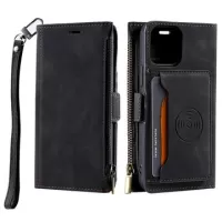iPhone 14 Plus Saii Zipper Wallet Case with Strap - Black