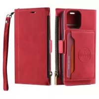 iPhone 15 Plus Saii Zipper Wallet Case with Strap - Red