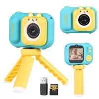 Andoer 1080P Kids Mini Digital Camera 48MP 2.4 Inch IPS Screen Dual Lens with 32GB Memory Card and Card Reader and Desktop Tripod